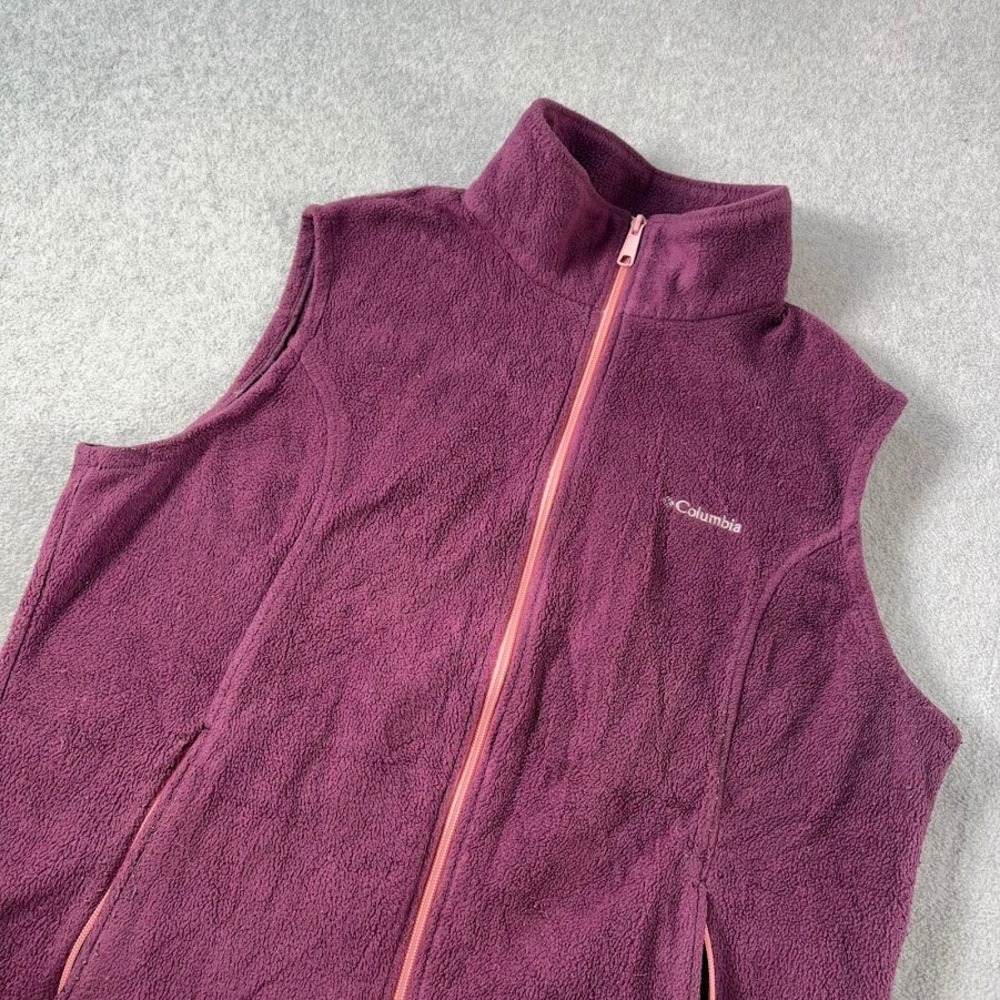 Columbia Fleece Vest Womens XL Purple Solid Full Zip Mock Neck Lightweight Zip